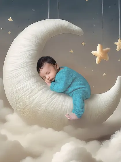 Sweet dreams are made of this. A newborn sleeps peacefully on a soft crescent moon, surrounded by stars. Our dreamy, imaginative setups turn your baby's first portraits into a fairytale.