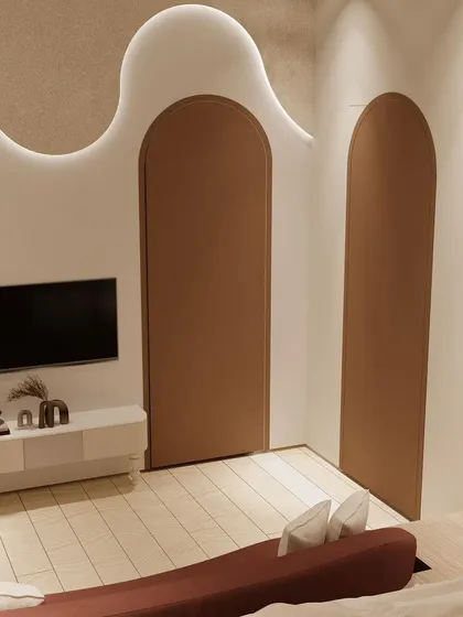 A minimalist view of the TV wall, where the organic shapes and clean lines create a modern and uncluttered look.