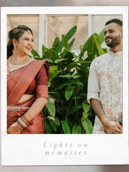A candid shot of a couple sharing a smile, presented in a creative polaroid frame. This style adds a warm, personal touch to your wedding story.