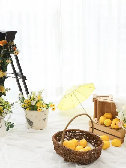 A sunny setup. This wide shot shows the complete lemon garden theme, ready for a happy baby to join the scene. The bright, airy feel is perfect for capturing joyful moments.