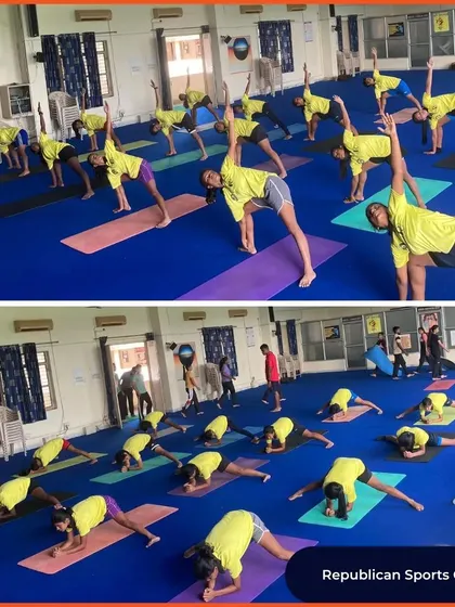 Girls from Republican Sports Club practice various yoga poses in their training hall. Yoga helps improve flexibility and prevent injuries, making it a great complement to their hockey training.