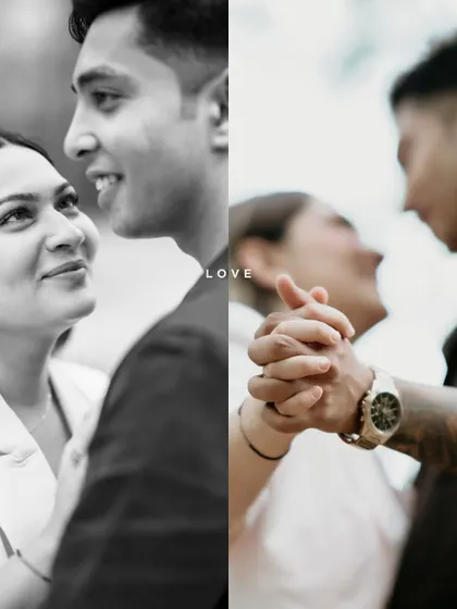 A creative split-screen image, with one side in black and white and the other showing a close-up of their hands. This artistic edit highlights different facets of their connection.