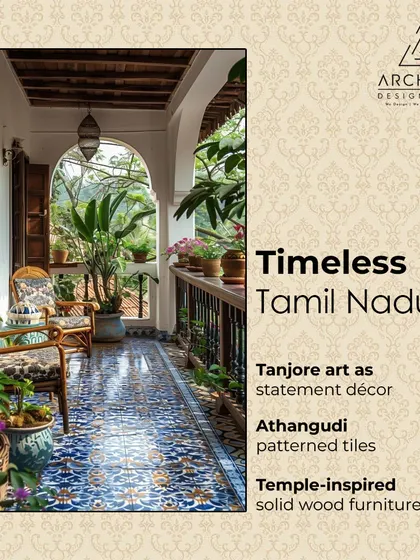 A balcony designed with the timeless charm of Tamil Nadu. The space features beautiful Athangudi patterned tiles, temple-inspired solid wood furniture, and lush greenery.