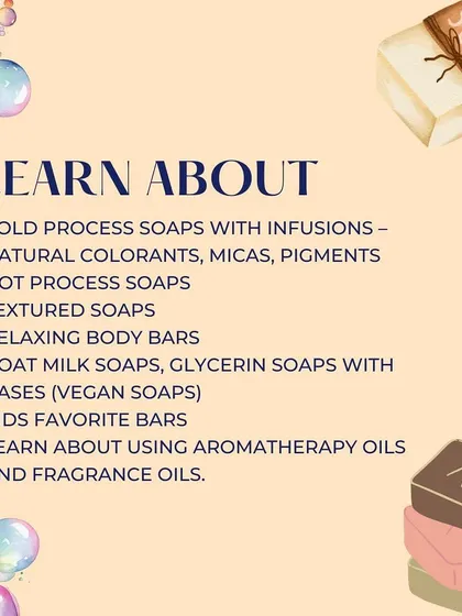 We offer in-depth workshops for those looking to turn a hobby into a small business. This graphic details the curriculum for our natural soap making class, covering cold process, hot process, vegan soaps, and the use of aromatherapy oils.