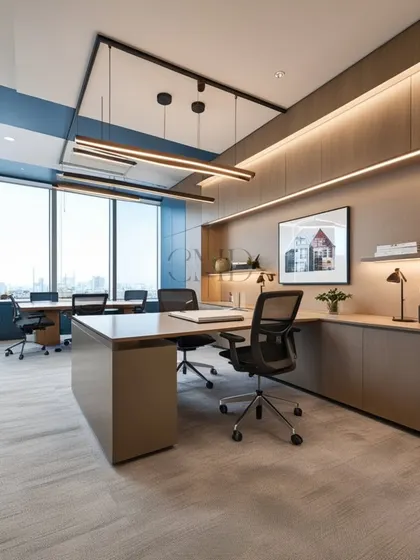 This executive cabin combines sleek, modern furniture with warm, ambient lighting to create a sophisticated and focused environment. Large windows provide expansive views and natural light, while the clean lines of the desk and storage keep the space uncluttered.