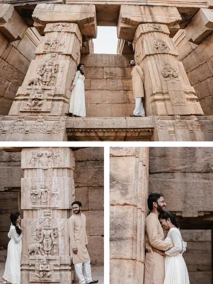 A collage of a couple's pre-wedding shoot at Melkote temple, capturing their playful and romantic moments.
