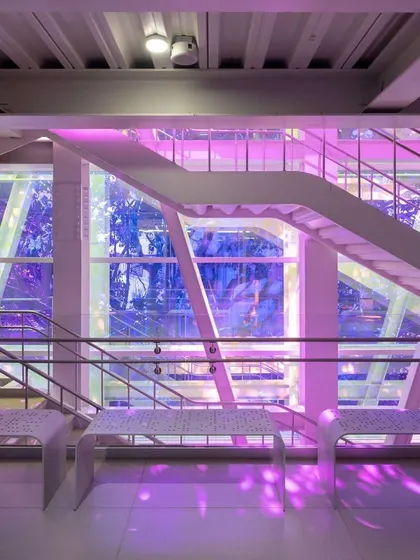The central staircase at the Museum of Art and Photography (MAP) in Bengaluru, where dichroic film on the glass facade bathes the space in shifting colors. This element turns a simple circulation area into a dynamic experience of light, reflecting our belief that even functional parts of a building can be joyful and inspiring.
