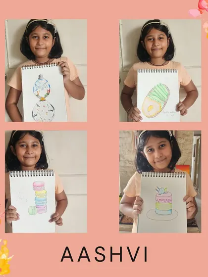 Aashvi proudly displays her set of food illustrations, showing great progress in her drawing and coloring skills.
