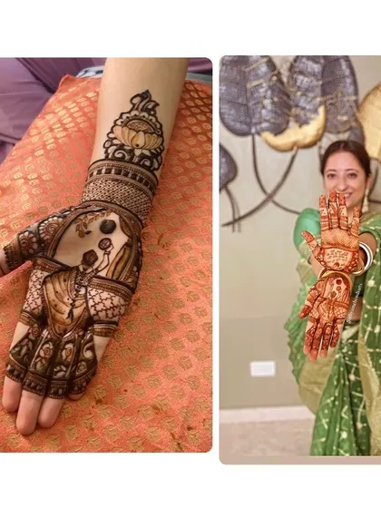 A collage showing the Karwa Chauth design and the happy client. It brings me so much joy to see my art become a part of your cherished traditions.