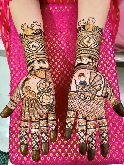 Celebrating a new life with a special baby shower mehendi. This design is full of joy, featuring a mother-to-be, a baby in a pram, and "It's a Girl" text, making it a beautiful and personal way to mark the occasion.