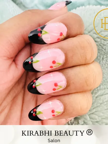 How cute is this hand-painted cherry nail art? I added this playful design to a modern French manicure, creating a sweet and unique look that’s perfect for summer.