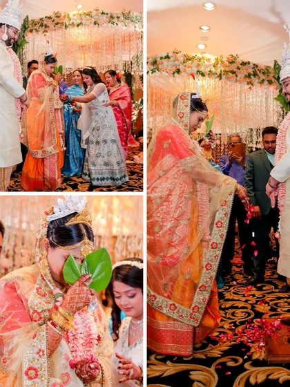 A collage capturing the unique and beautiful rituals of a Bengali wedding, including the "shubho drishti" where the bride, hiding behind paan leaves, first sees the groom.