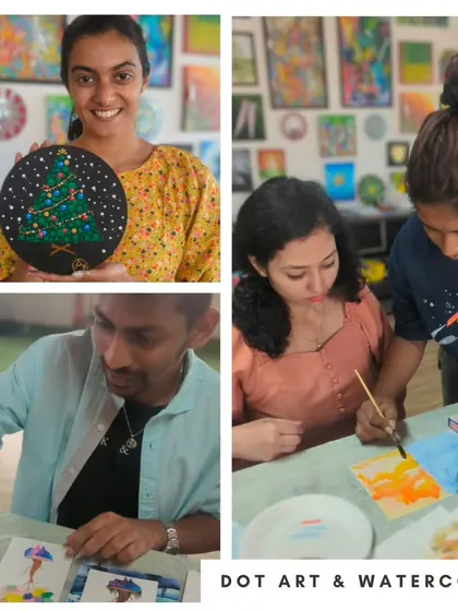A collage featuring dot art and watercolor creations from a Sunday workshop.