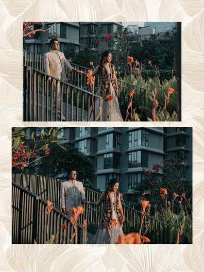 A diptych of the couple on a bridge, surrounded by lush greenery and flowers. The warm, golden hour light adds a romantic glow to these portraits.