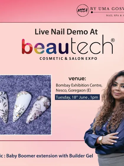 The official poster for my live nail demo at the Beautech Cosmetic & Salon Expo, where I demonstrated how to create a Baby Boomer extension with Builder Gel.
