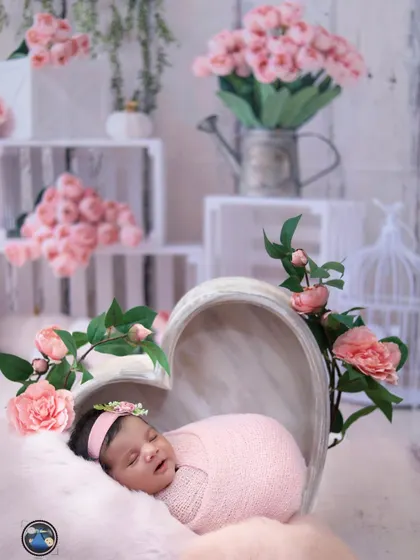 A wider view of the pink floral setup, showing the full arrangement of props including rustic white crates, a birdcage, and vases filled with pink flowers to create a beautiful scene.