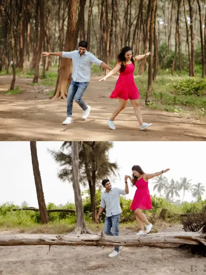A collage showing the couple's carefree spirit as they jump and balance their way through the forest. It’s all about capturing your energy and the fun you have together.