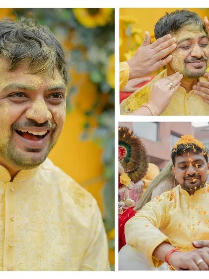 A collage showing the groom's haldi ceremony. His joyful expressions as friends and family apply turmeric capture the fun and tradition of the ritual.
