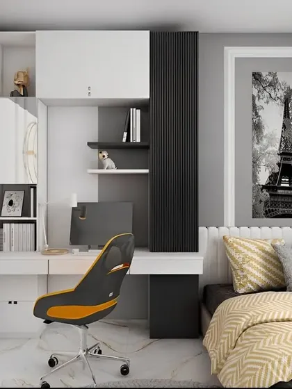 A sophisticated work-from-home setup integrated into a bedroom. The dark wood accents and ergonomic chair create a professional and comfortable environment for productivity.