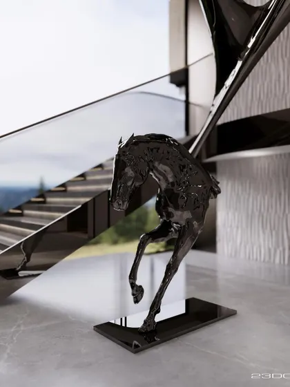 A close-up of the horse sculpture at the base of the Meraki staircase. This powerful art piece adds a dynamic and elegant touch to the modern interior, reflecting strength and movement.