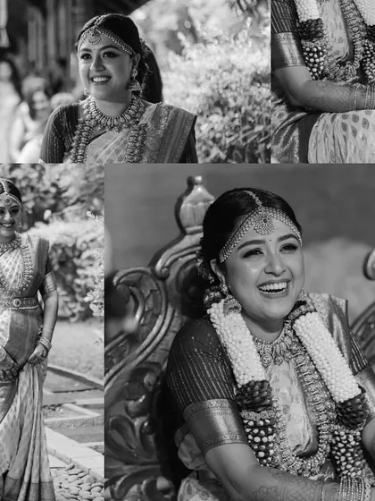 A collage dedicated to our beautiful South Indian bride, looking radiant and joyful in her traditional attire. I focus on making sure my brides feel like the queens they are.