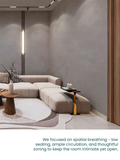 We focused on spatial breathing in this lounge, using low seating and ample circulation space to keep the room intimate yet open.