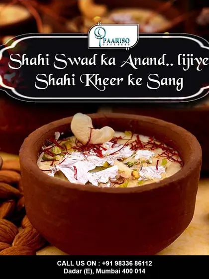Our Shahi Kheer is a royal dessert perfect for concluding a festive meal. It is slow-cooked with fragrant rice, milk, and saffron, then garnished with pistachios, almonds, and edible silver leaf for a truly luxurious treat.