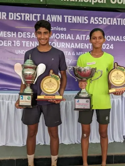 The singles winners of the boys' and girls' categories at the U16 AITA Nationals, with Tavish representing my academy.