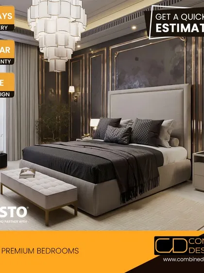 Another premium bedroom design, this one with a classic, luxurious feel. It features dark paneled walls with gold trim, a statement chandelier, and a sophisticated grey and black color scheme.