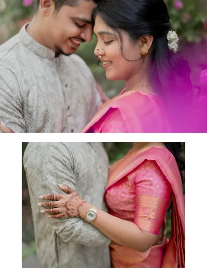 A collage focusing on the intimate details of an engagement shoot, from a close-up of their embrace to the bride's mehndi.