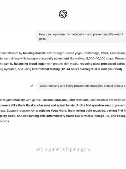 How can I optimize my metabolism and prevent midlife weight gain? This graphic suggests building muscle with strength-based yoga, daily movement, balancing blood sugar, and prioritizing recovery with gentle mobility and sleep.