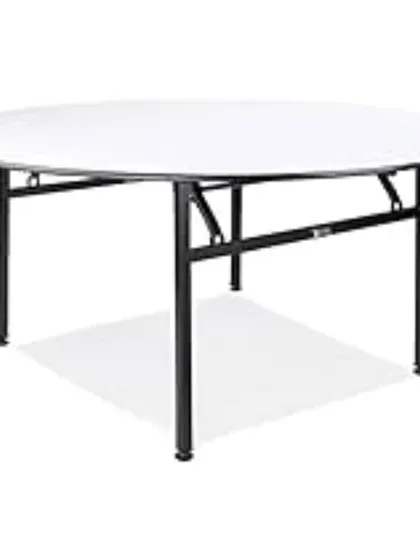 This round folding banquet table is a staple for any event hall. It features a durable top and a sturdy, collapsible metal frame for easy transport and setup.