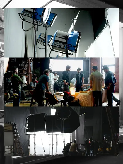 A look at the various lighting fixtures used on the 'Let's Vibe' set, including ARRI fresnels and softboxes, to create a polished look.