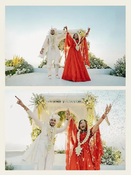 Pure celebration! This couple's energy is infectious. The bride's makeup is vibrant and celebratory, designed to match the joyous mood of their beach wedding.
