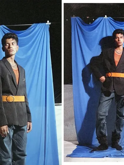 A 35mm film diptych showing the model in a pinstripe blazer and bold yellow belt. The analog format gives the colors a rich, saturated feel and captures the casual confidence of the pose.
