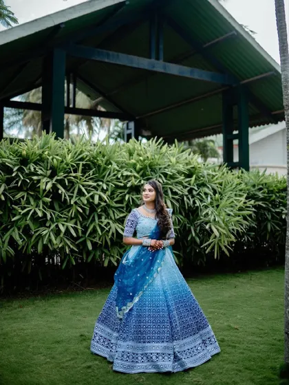 Our pretty bride-to-be Akshitha looking ethereal in this powder blue embroidered lehenga for her big day.