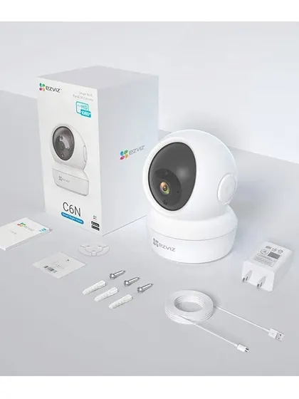 When we install an EZVIZ C6N camera, you get everything you need right in the box. This includes the camera, power adapter, cable, and mounting hardware for a clean setup.