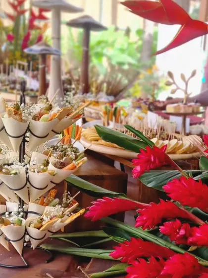 Our appetizer cones are a popular choice for mingling events. This display from a store launch shows how we create easy-to-eat, portable bites that are both delicious and visually striking.
