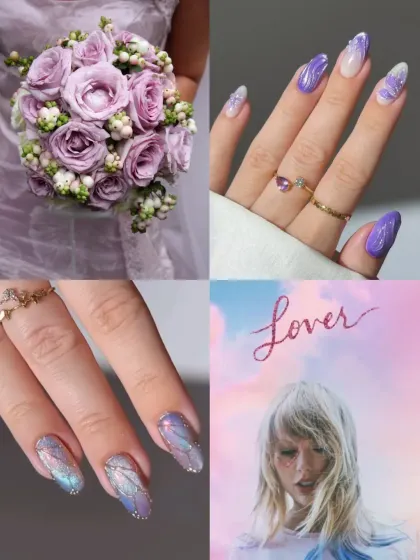 For the 'Lover' in you. This moodboard showcases iridescent purple and pink nails, reflecting the dreamy, romantic, and colorful vibe of the album.