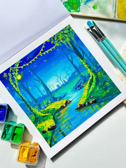 A full view of the magical forest painting in my sketchbook. I love the contrast between the dark blues and the bright greens.