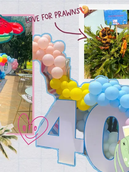 More fun from the 40th birthday pool party. This collage shows the custom "40" sign decorated with a cascade of balloons and highlights the client's "love for prawns" with our special catering.