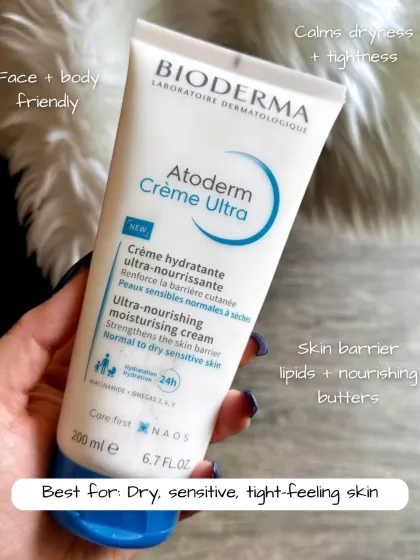 If you have dry, sensitive, or tight-feeling skin, look for a product that strengthens the skin barrier. Bioderma Atoderm Crème Ultra is an excellent ultra-nourishing moisturizer for both face and body that calms dryness with lipids and nourishing butters.