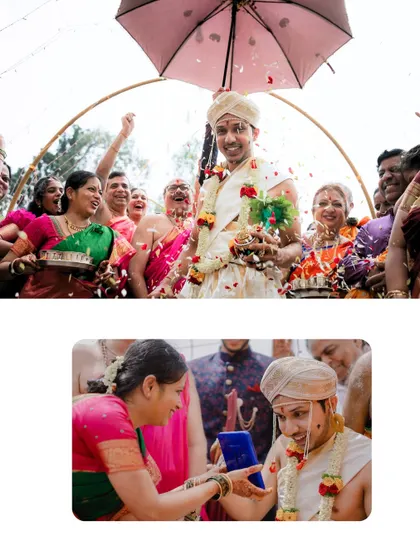 The groom's procession, or Kashi Yatra, filled with joy and celebration as he is surrounded by family and friends.