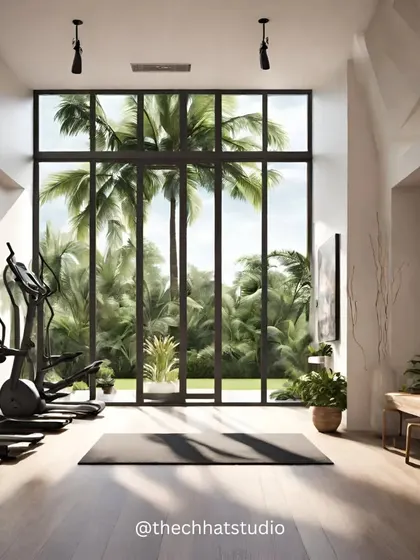 A home gym should be a utopia for well-being. I designed this space with floor-to-ceiling windows overlooking a lush garden, bringing the calming sensation of the outdoors inside to elevate your workout.