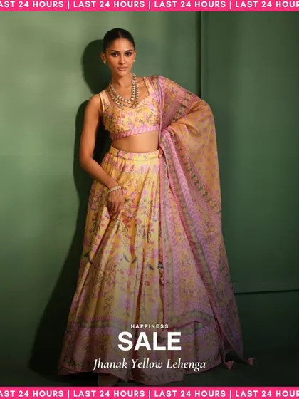 The Jhanak Yellow Lehenga is sunshine and happiness all rolled into one. This stunning floral lehenga set is perfect for a daytime wedding or mehendi.