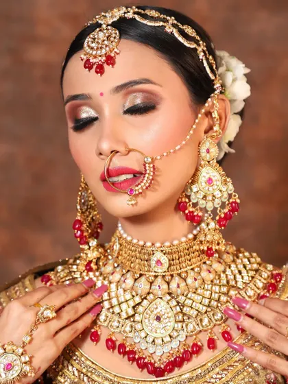An exquisite close-up of a heavy bridal jewellery set for rent. The combination of Kundan work, Polki stones, and red bead drops creates a truly regal effect.