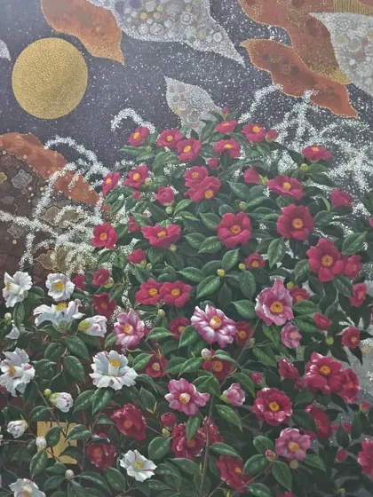 A vibrant floral painting by Kohji Kanazawa, showcasing a rich tapestry of red and white flowers under a golden moon.