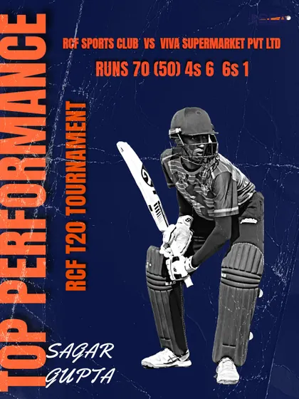 A stunning knock of 70 from 50 balls by Sagar Gupta in the RCF T20 Tournament.
