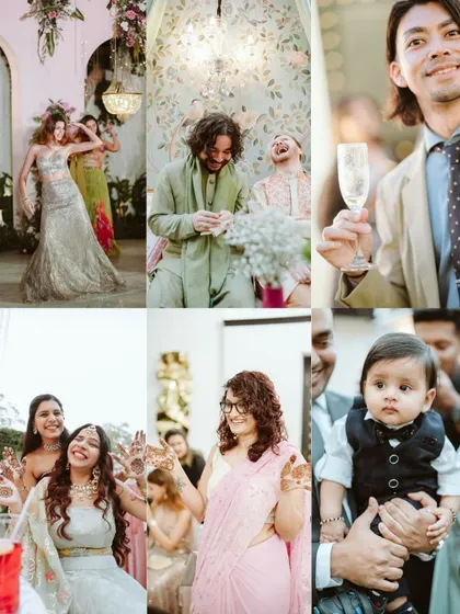 A collage capturing the vibrant atmosphere of a Mehendi and Sangeet night. It showcases the dancing, laughter, and joyful moments shared by guests of all ages.