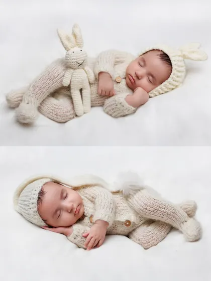 A collage of a newborn sleeping peacefully in a cozy bunny outfit, both with and without a stuffed bunny prop.